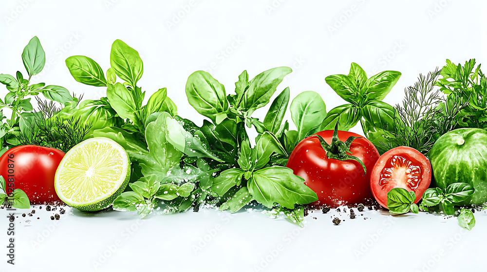 Fresh vegetables and herbs create vibrant display, featuring tomatoes, lime, and various greens. This colorful arrangement embodies essence of organic garden to table meals, evoking sense of health