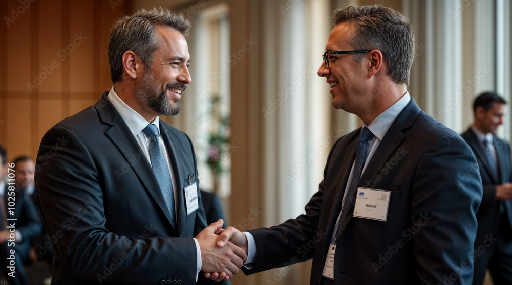 Business Executives Smiling and Shaking Hands at a Conference Business Executives Smiling and Shaking Hands at a Conference