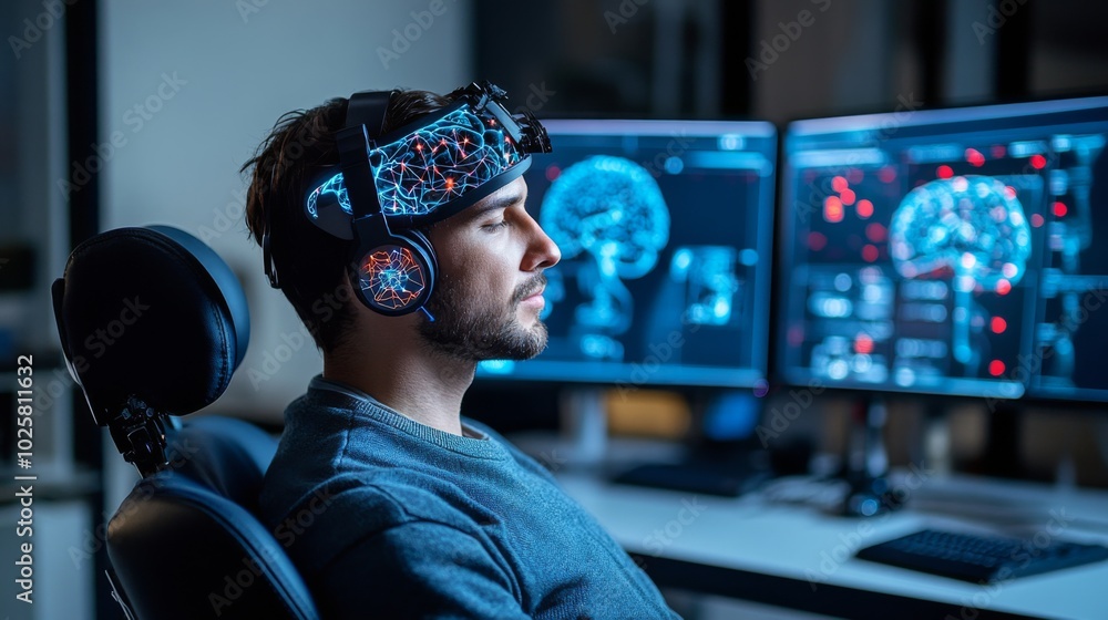 Man Using Brainwave Headset in Tech Lab Man Using Brainwave Headset in Tech Lab