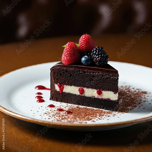 Gourmet Chocolate Cake Slice with Fresh Berries