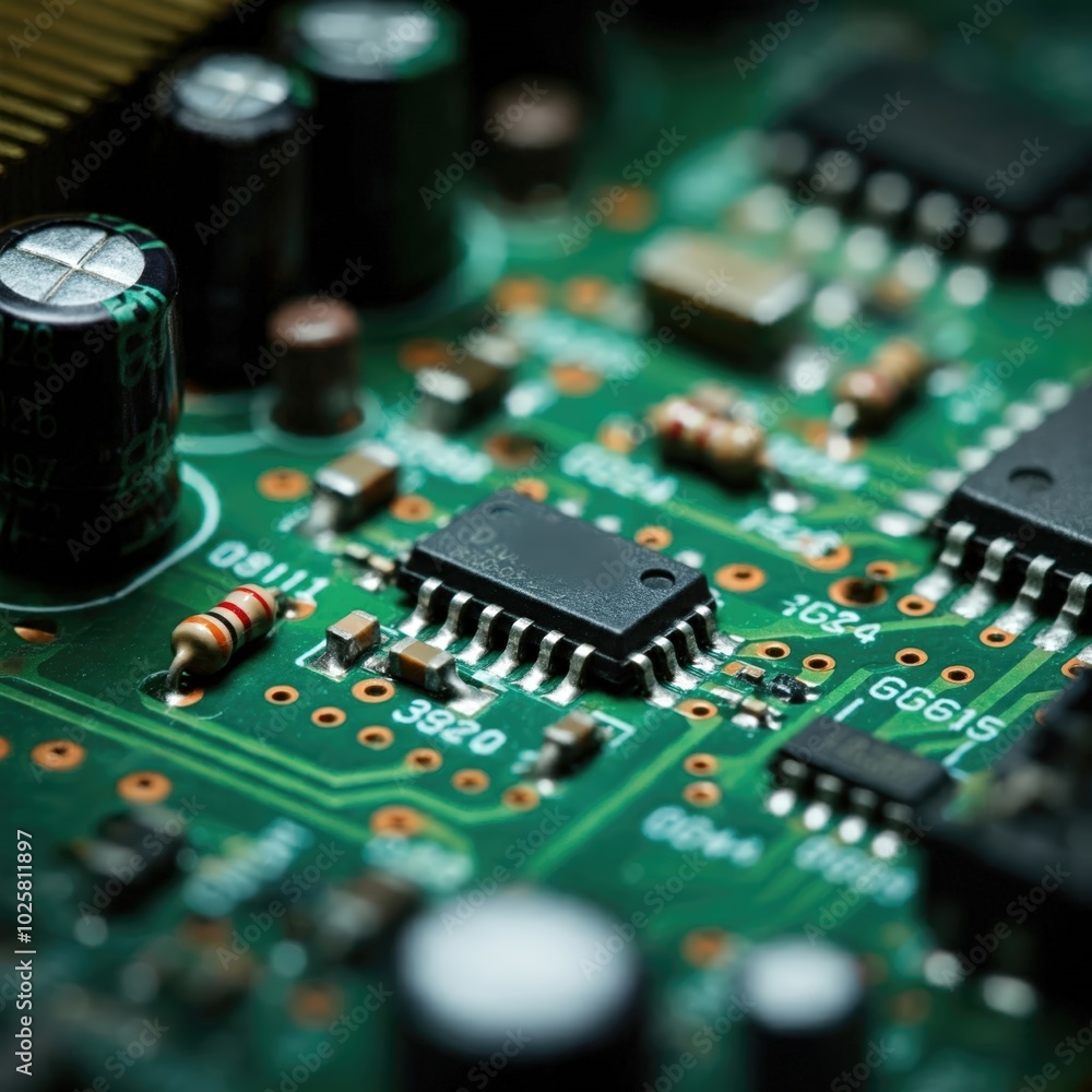 Intricate Green Circuit Board Closeup with Chips Intricate Green Circuit Board Closeup with Chips