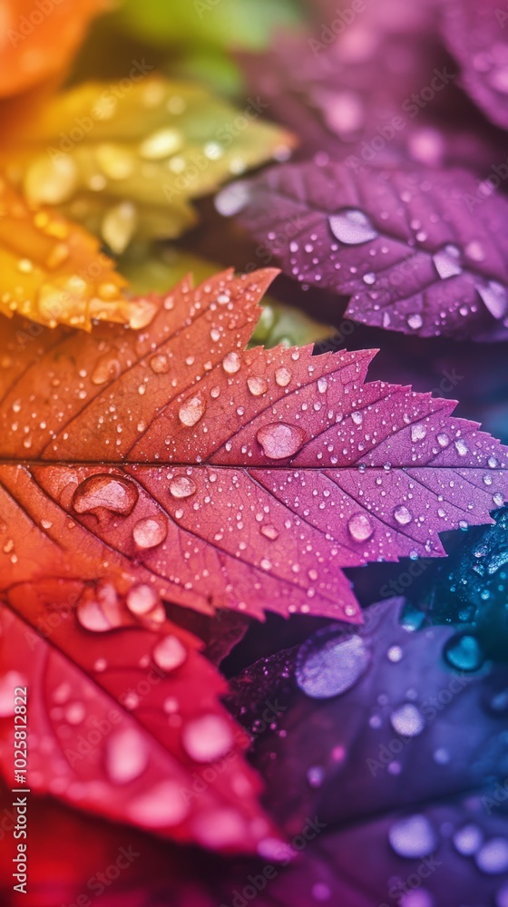 Fototapeta premium A tight shot of a rainbow-hued leaf, adorned with dewdrops, against a backdrop of the rainbow's vibrant arc