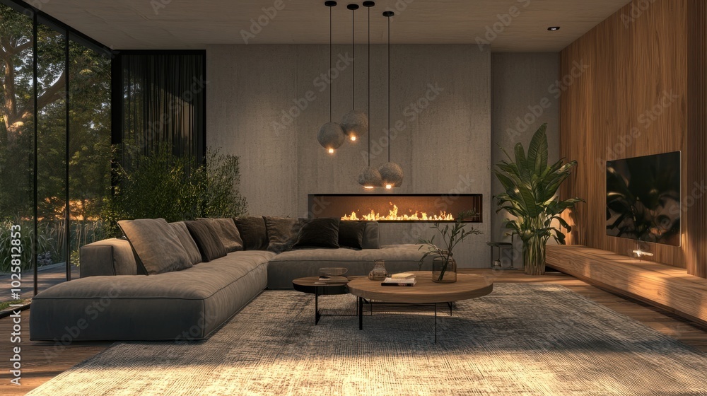 Modern living room featuring a fireplace, gray sectional, and a mix of textures like velvet and wood. Elegant lighting fixtures Modern living room featuring a fireplace, gray sectional, and a mix of textures like velvet and wood. Elegant lighting fixtures