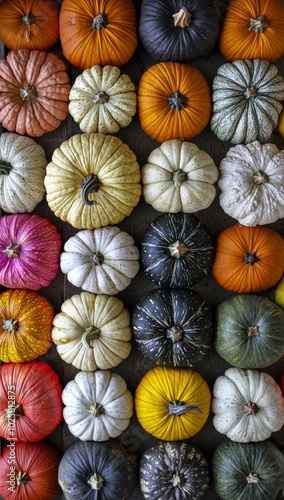  A collection of pumpkins arranged together on a table, accompanied by a mound of additional pumpkins nearby