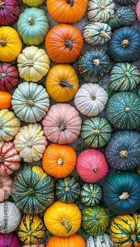  A sizable assembly of vivid pumpkins atop a mass of orange, green, and yellow gourds