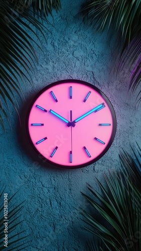 Wallpaper Mural A digital clock featuring neon blue and purple hands is set against a transparent Torontodigital.ca