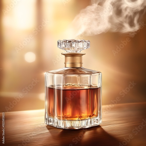 A crystal decanter filled with amber liquid emits a gentle swirl of steam, set against a warm, glowing background.