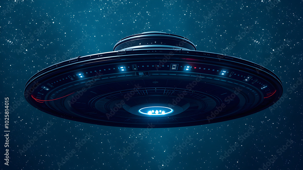 A large, glowing, blue UFO is flying through the night sky A large, glowing, blue UFO is flying through the night sky