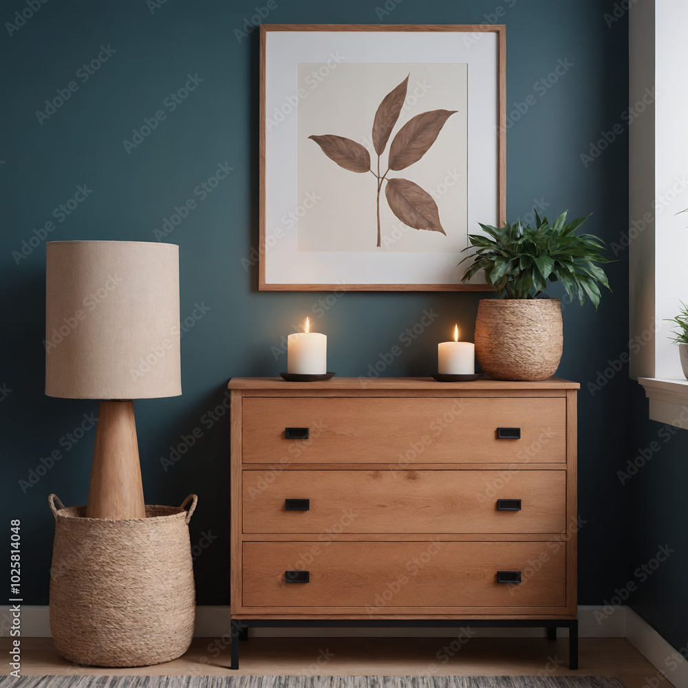 Fototapeta premium A modern interior patient room featuring a Cherry wooden chest of drawers with a dark blue wall illustration image.