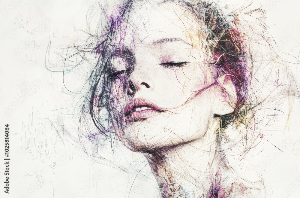 A women's face, eyes shut, hair billowing in the wind A women's face, eyes shut, hair billowing in the wind