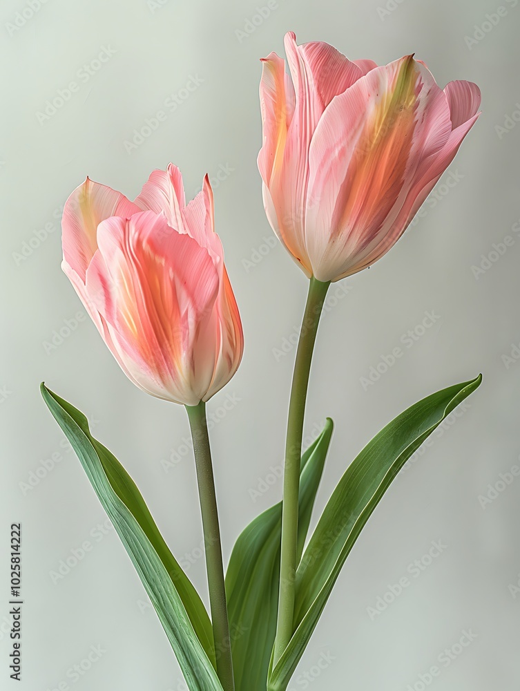 Naklejka premium Two delicate pink tulips with green stems against a white background.