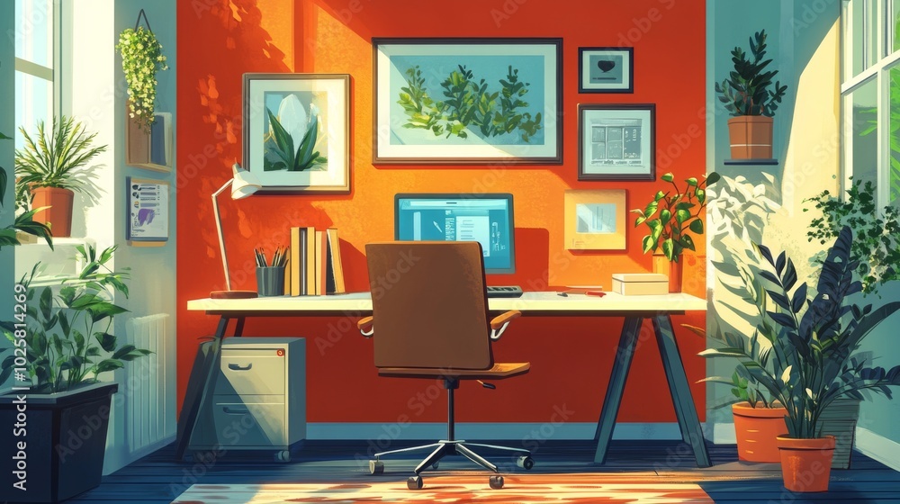 Cozy Home Office with Lush Greenery Cozy Home Office with Lush Greenery