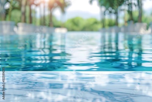 Wooden table in swimming pool with blurred background