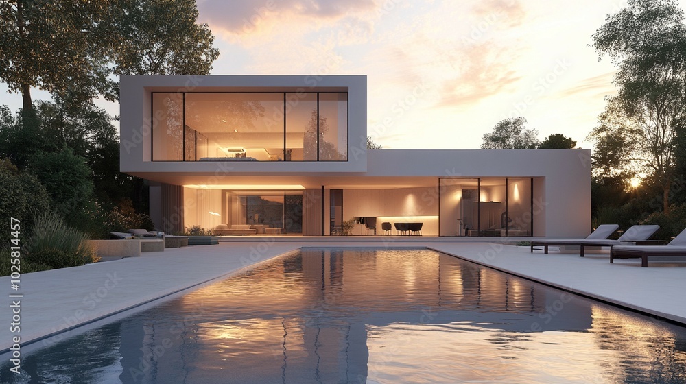Sunset view of a modern cubic villa with a pool, highlighting its minimalist design and serene atmosphere. Sunset view of a modern cubic villa with a pool, highlighting its minimalist design and serene atmosphere.