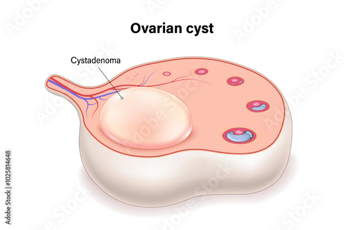 Cystadenoma cyst cross section vector. Ovarian cysts. Female ovarian disease.