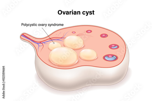 Polycystic ovary syndrome PCOS cross section vector. Ovarian cysts. Female ovarian disease.