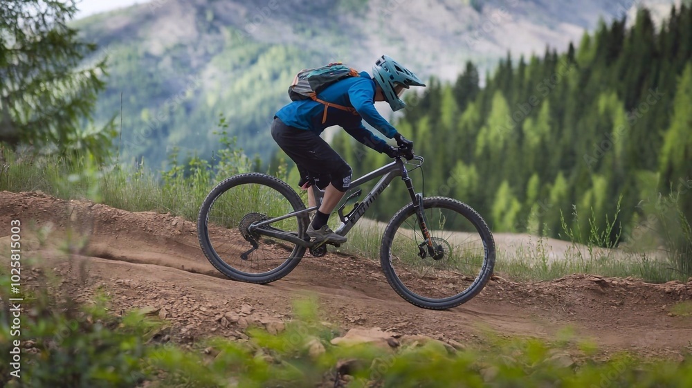 Mountain biker cyclist riding a bicycle downhill on a mountain bike trail. Mountain biker cyclist riding a bicycle downhill on a mountain bike trail.