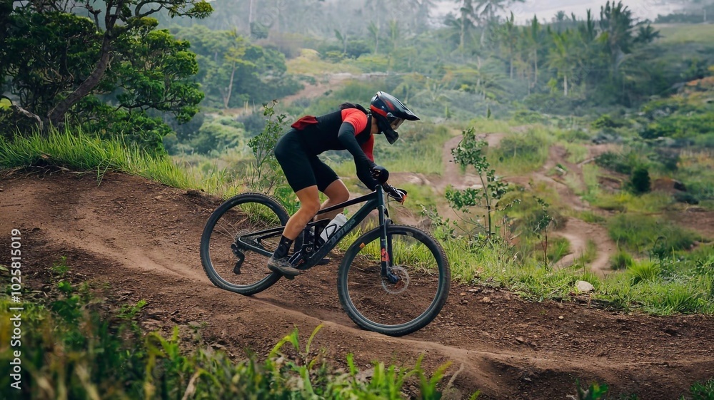 Mountain biker cyclist riding a bicycle downhill on a mountain bike trail. Mountain biker cyclist riding a bicycle downhill on a mountain bike trail.