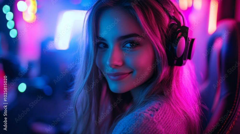 Young Woman Gaming with Headphones in Neon Lights Young Woman Gaming with Headphones in Neon Lights