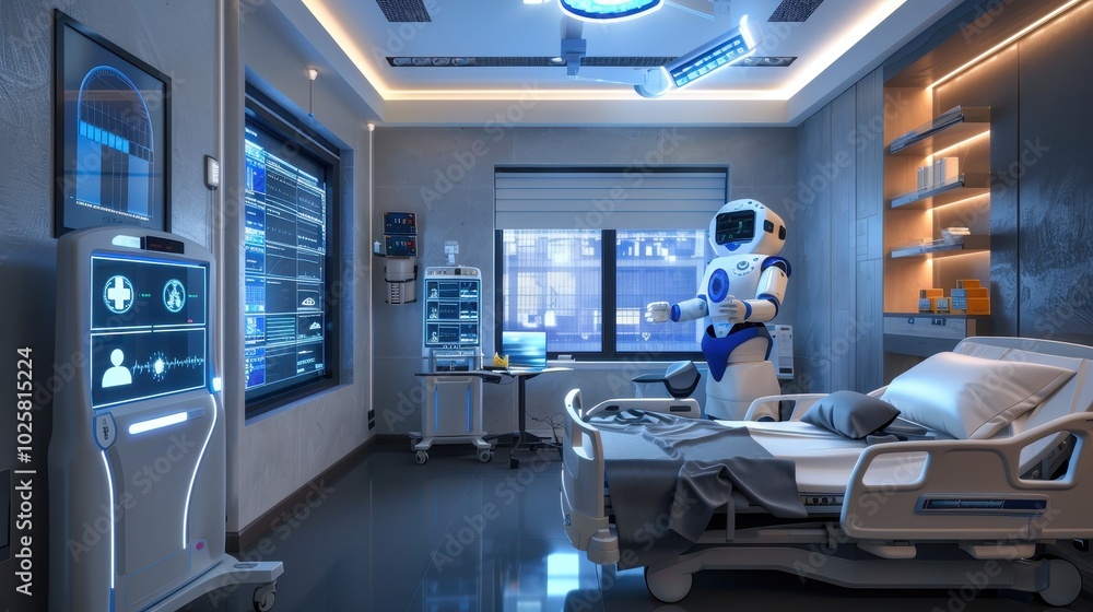 Futuristic hospital room with robotic assistant and advanced medical equipment. Futuristic hospital room with robotic assistant and advanced medical equipment.
