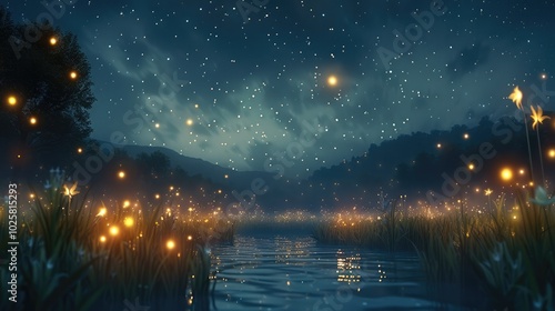 Fantastic night sky with stars, fireflies.