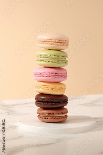 a stack of colorful macarons on a marble surface photo