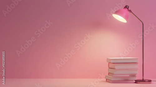 a pink wall with a lamp and books