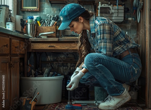 The plumber girl is repairing something in the kitchen photo