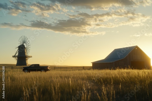 a farm with a windmill and a truck in the distance