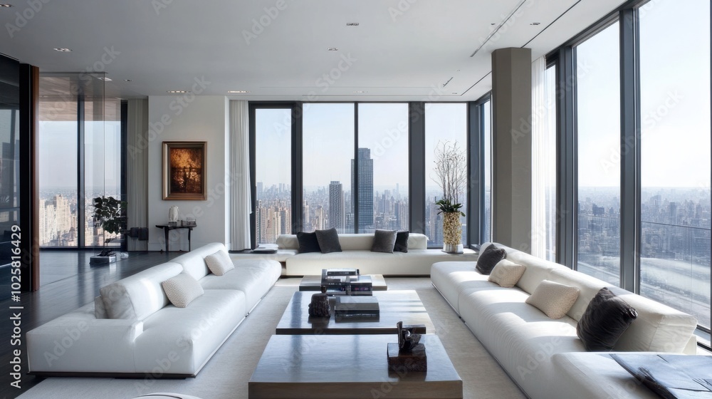 Fototapeta premium Sleek living room with minimalist furniture, monochromatic palette, and floor-to-ceiling windows. Sophisticated and elegant