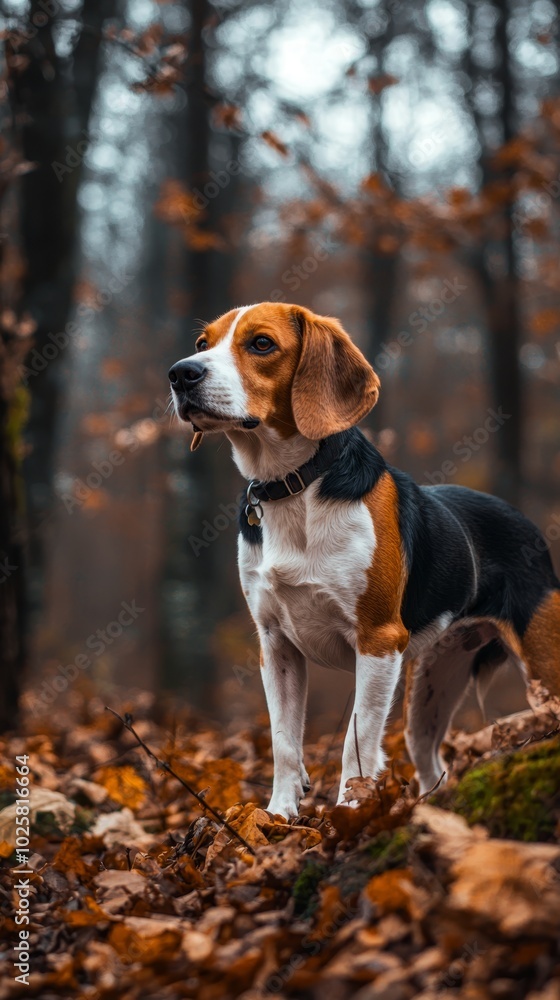 A brown-and-white dog stands atop a leafy mound near a dense forest teeming with numerous trees A brown-and-white dog stands atop a leafy mound near a dense forest teeming with numerous trees