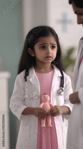 a young girl is talking to a doctor photo