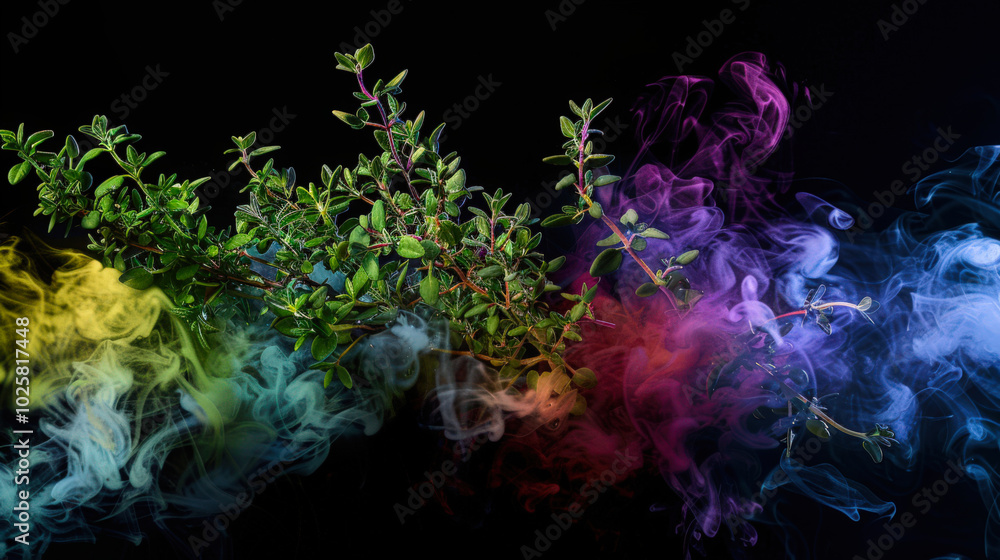 Mystical background with thyme sprigs on a black background. Colorful smoke envelops the green thyme twigs. A fragrant, healthy seasoning. A multicolored smoky Mystical background with thyme sprigs on a black background. Colorful smoke envelops the green thyme twigs. A fragrant, healthy seasoning. A multicolored smoky