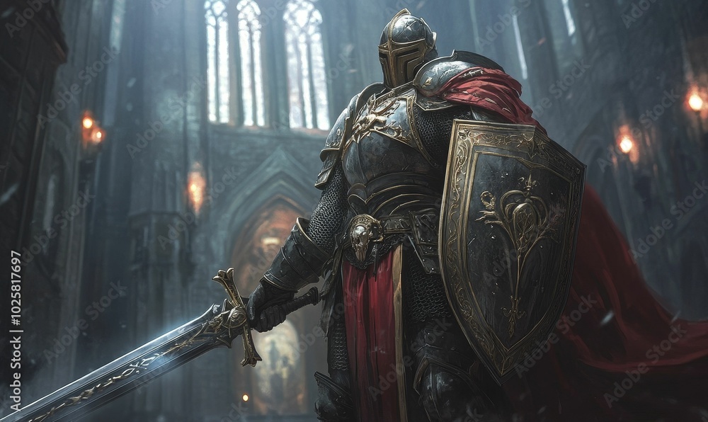 A knight in shining armor holds a sword. A knight in shining armor holds a sword.