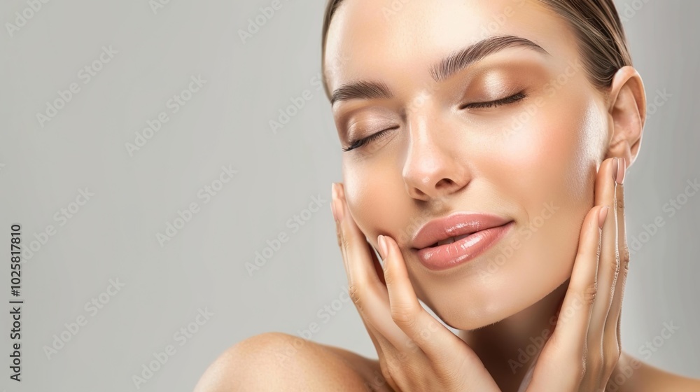 skin care. Beautiful woman touching healthy facial skin portrait. Beautiful smiling Asian girl model with natural makeup, close-up on blue background, touching glowing hydrated skin skin care. Beautiful woman touching healthy facial skin portrait. Beautiful smiling Asian girl model with natural makeup, close-up on blue background, touching glowing hydrated skin
