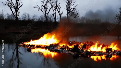 Wallpaper Mural Burning Debris on Water, Dramatic Evening, Reflective Flames, Calm Nature Scene, Mysterious Outdoors Torontodigital.ca