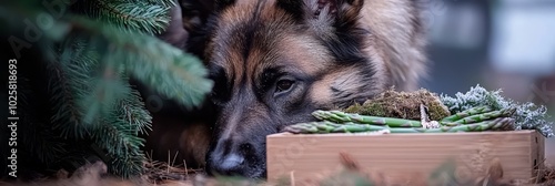  A tight shot of a dog nosily investigating a food-laden box A pine tree stands prominently in front photo