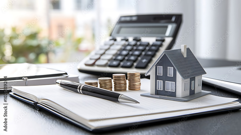 tax day background,House model, house placed on a white surface, next to a calculator, a pencil, and some coins, symbolizing home finances, budgeting, or real estate planning. tax day background,House model, house placed on a white surface, next to a calculator, a pencil, and some coins, symbolizing home finances, budgeting, or real estate planning.