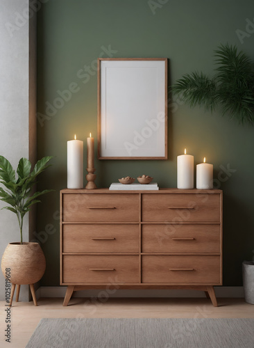 A modern interior featuring a wooden chest of drawers with a light green colour wall illustration image.