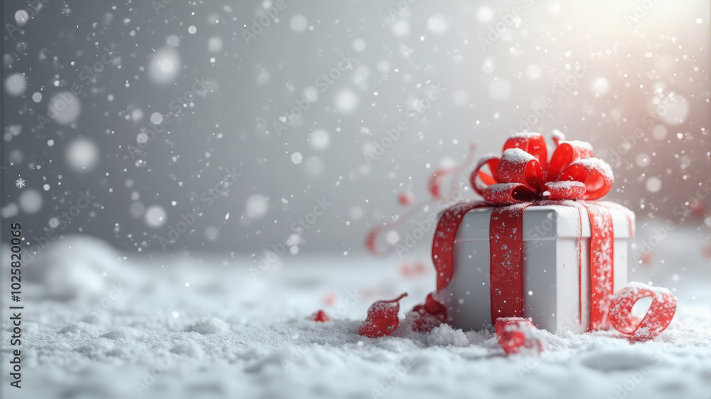 A Beautifully Wrapped Gift Rests on Fresh Snow During a Winter Snowfall A Beautifully Wrapped Gift Rests on Fresh Snow During a Winter Snowfall