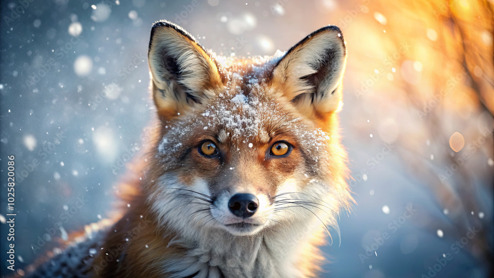 The fox stands gracefully in a snowy forest, its fur dusted with snowflakes as the warm glow of sunset creates a vivid backdrop, highlighting its keen gaze and beautiful features The fox stands gracefully in a snowy forest, its fur dusted with snowflakes as the warm glow of sunset creates a vivid backdrop, highlighting its keen gaze and beautiful features