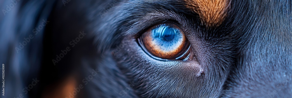  A tight shot of a dog's eye, displaying a blue and orange iris at its core