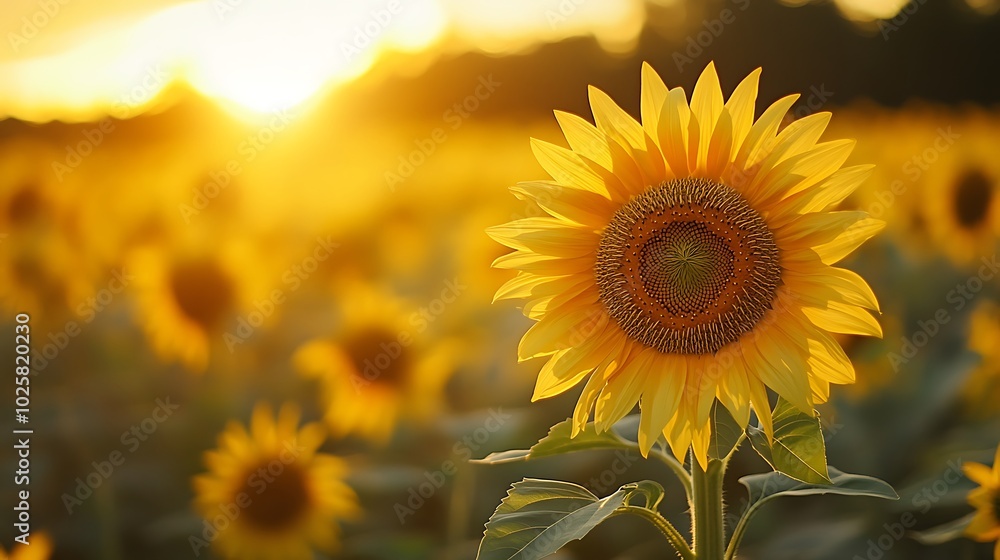 Fototapeta premium Close-up of a sunflower in a field at sunset.