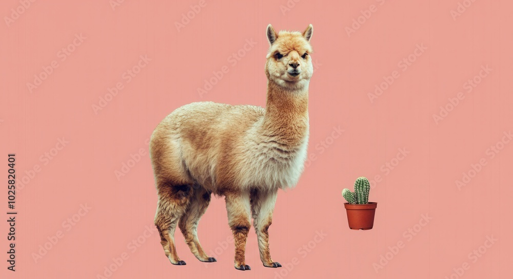 Fototapeta premium Smiling llama with cactus on pink background for quirky decor