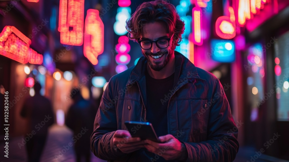 Young Man Enjoying Nightlife in Urban Setting Young Man Enjoying Nightlife in Urban Setting