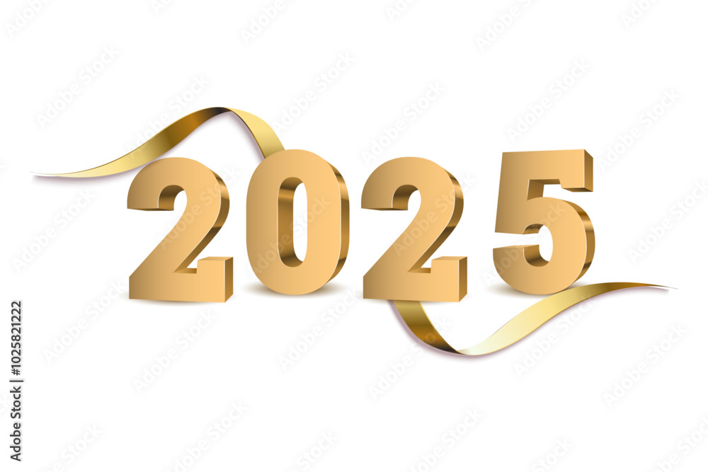 2025 Happy New Year gold numbers with ribbon isolated on white background. 2025 Happy New Year gold numbers with ribbon isolated on white background.