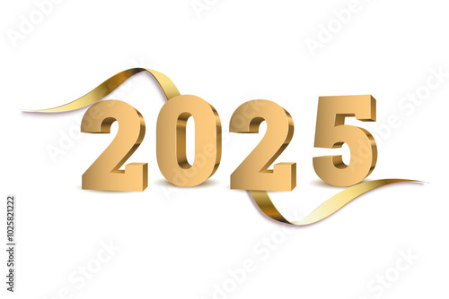 2025 Happy New Year gold numbers with ribbon isolated on white background.