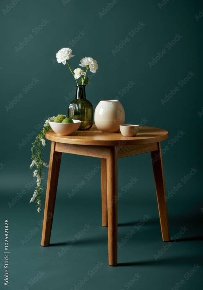 Serene still life composition with elegant flowers ceramic on wooden table Serene still life composition with elegant flowers ceramic on wooden table