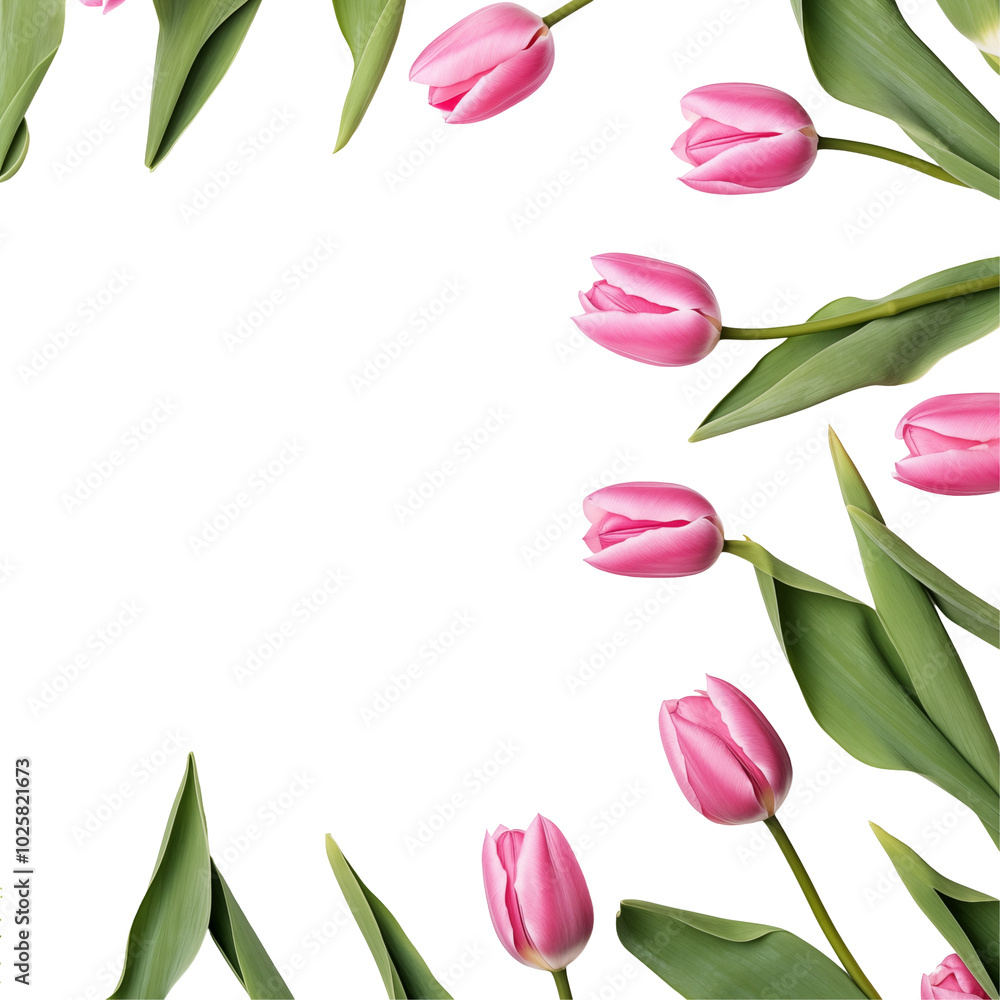 Obraz premium Pink tulips arranged artistically on a clean transparent background highlighting spring blossoms and fresh foliage