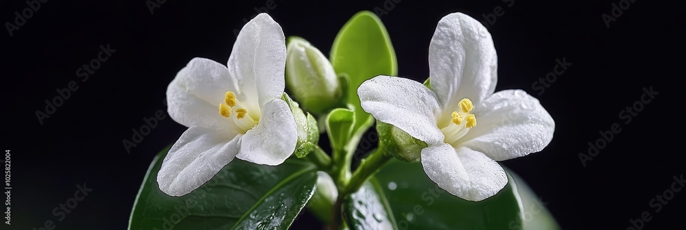 Obraz premium Two white blooms perched atop a verdant foliage plant, adorned with droplets on their petals